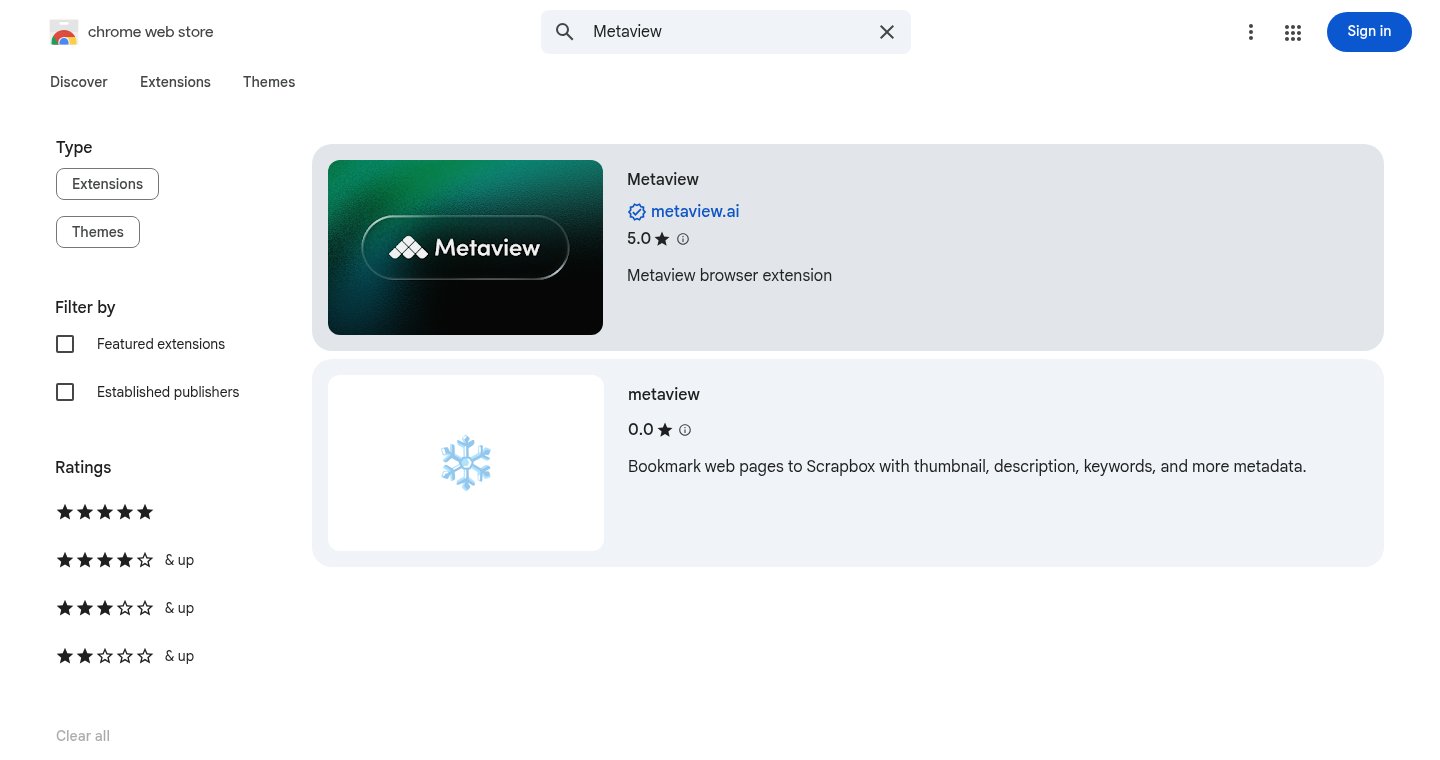 Metaview extension in Chrome Web Store search results