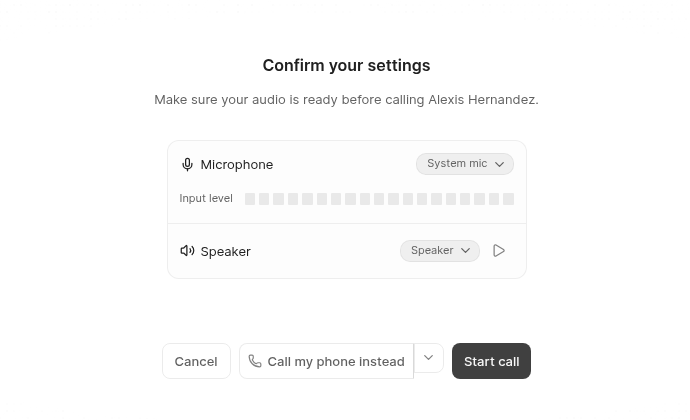 Confirm your settings screen with microphone and speaker checks and Cancel, Call my phone instead and Start call buttons