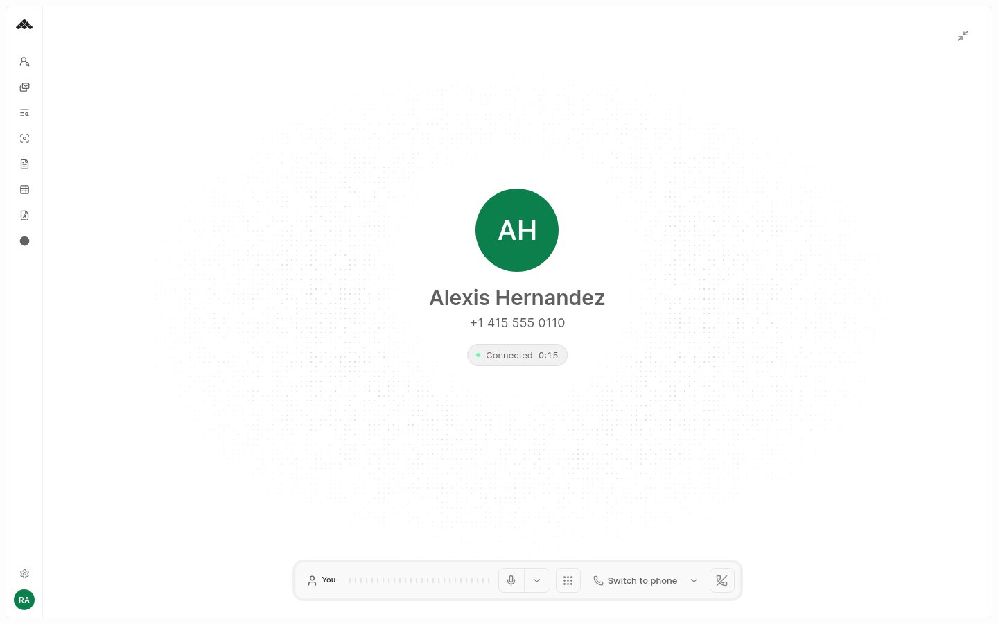 Browser call screen showing the candidate, a Connected status with timer, and the call controls