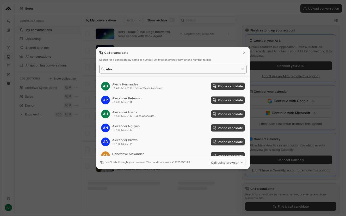 Candidate phonebook search results with Phone candidate buttons, and the Call using browser menu in the footer