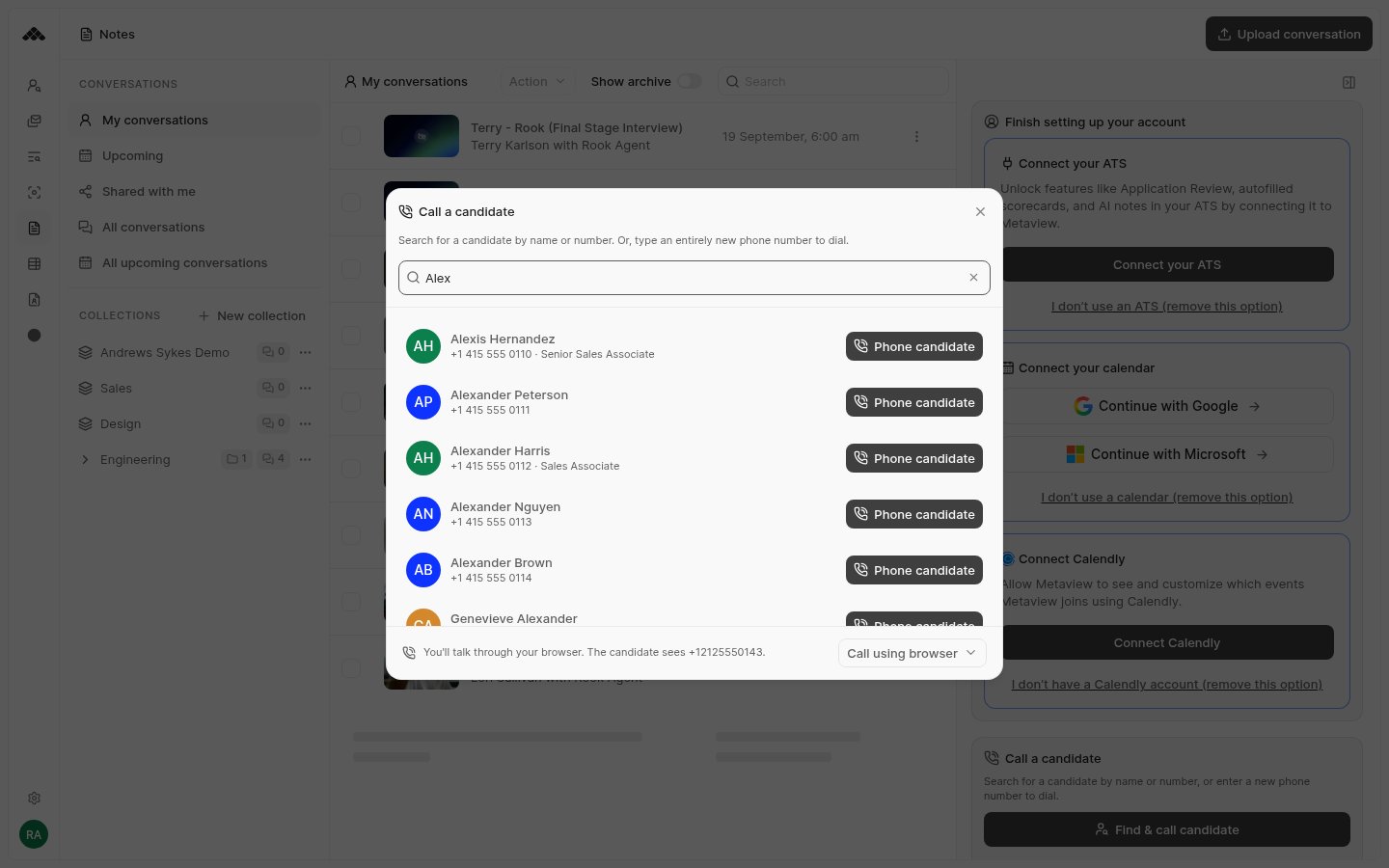 Candidate phonebook search results with Phone candidate buttons, and the Call using browser menu in the footer