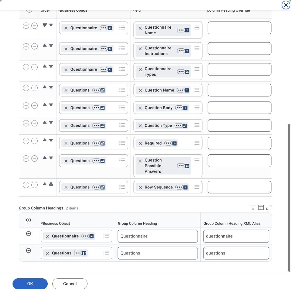 Workday questionnaire report fields and subgroup aliases