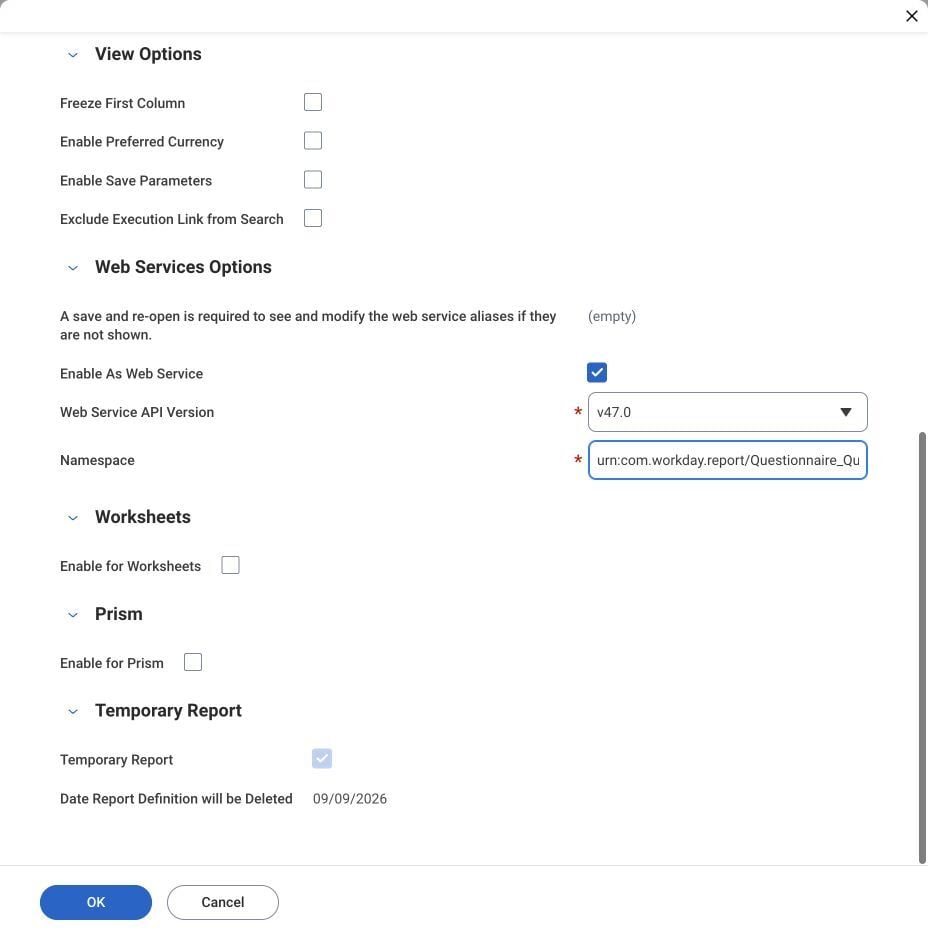 Workday questionnaire report web-service and temporary-report settings