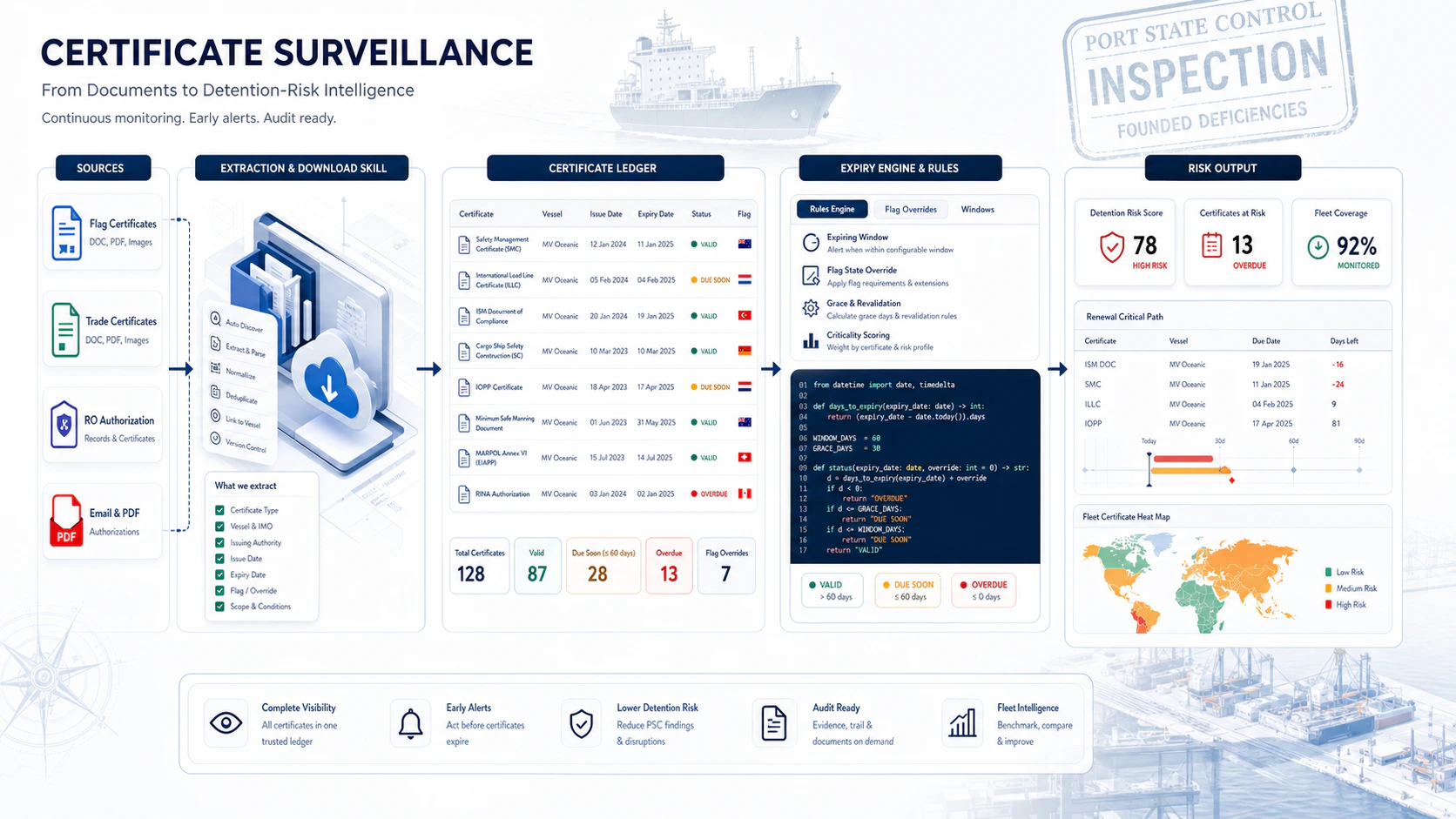 Certificate Surveillance pipeline showing flag administration and class portals, certificate inventory, expiry-window classifier, and PSC detention-risk verdict