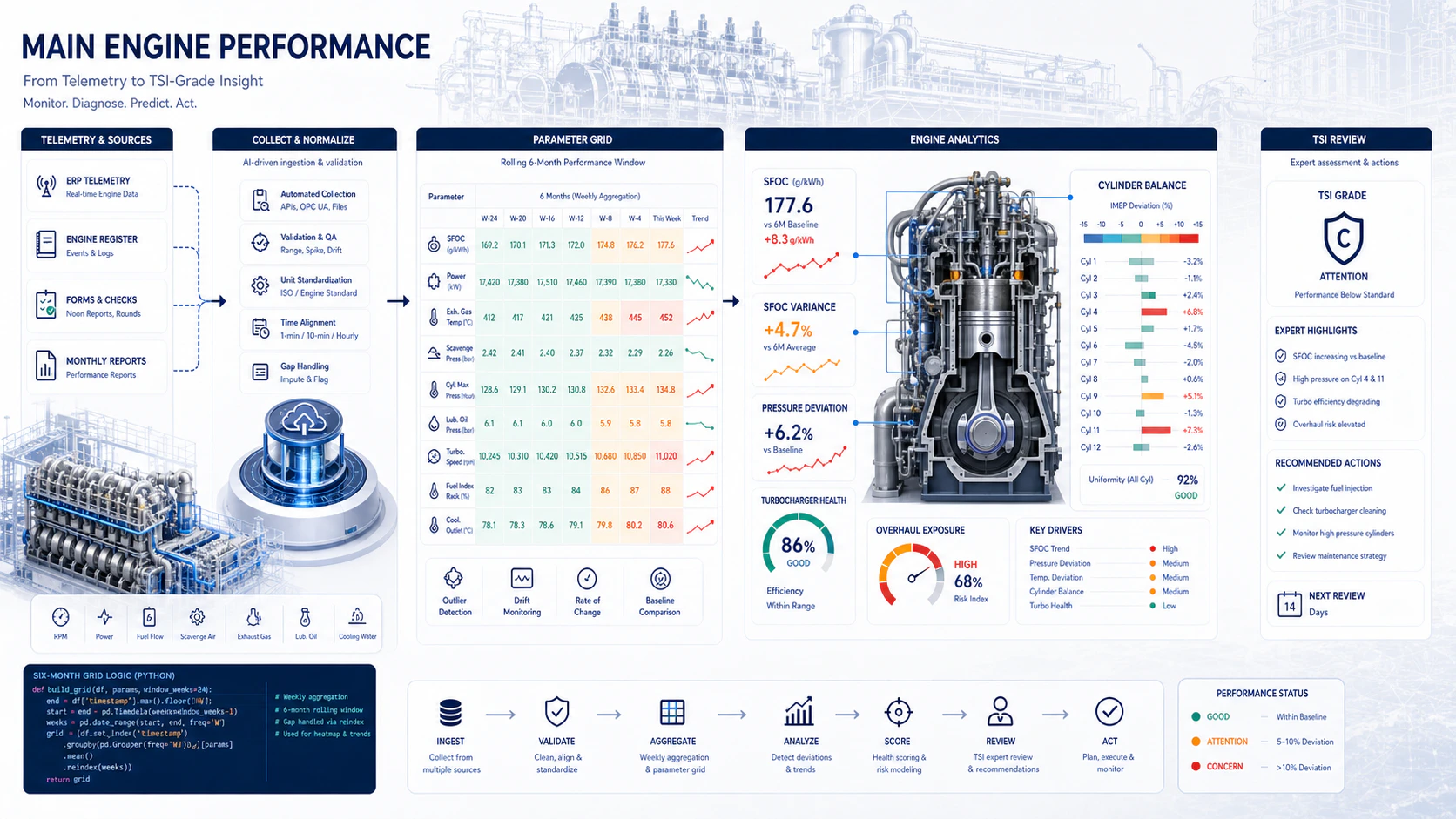 Main Engine Performance pipeline capturing telemetry, cylinder data, pressures, turbocharger metrics, and overhaul hours into a unified review