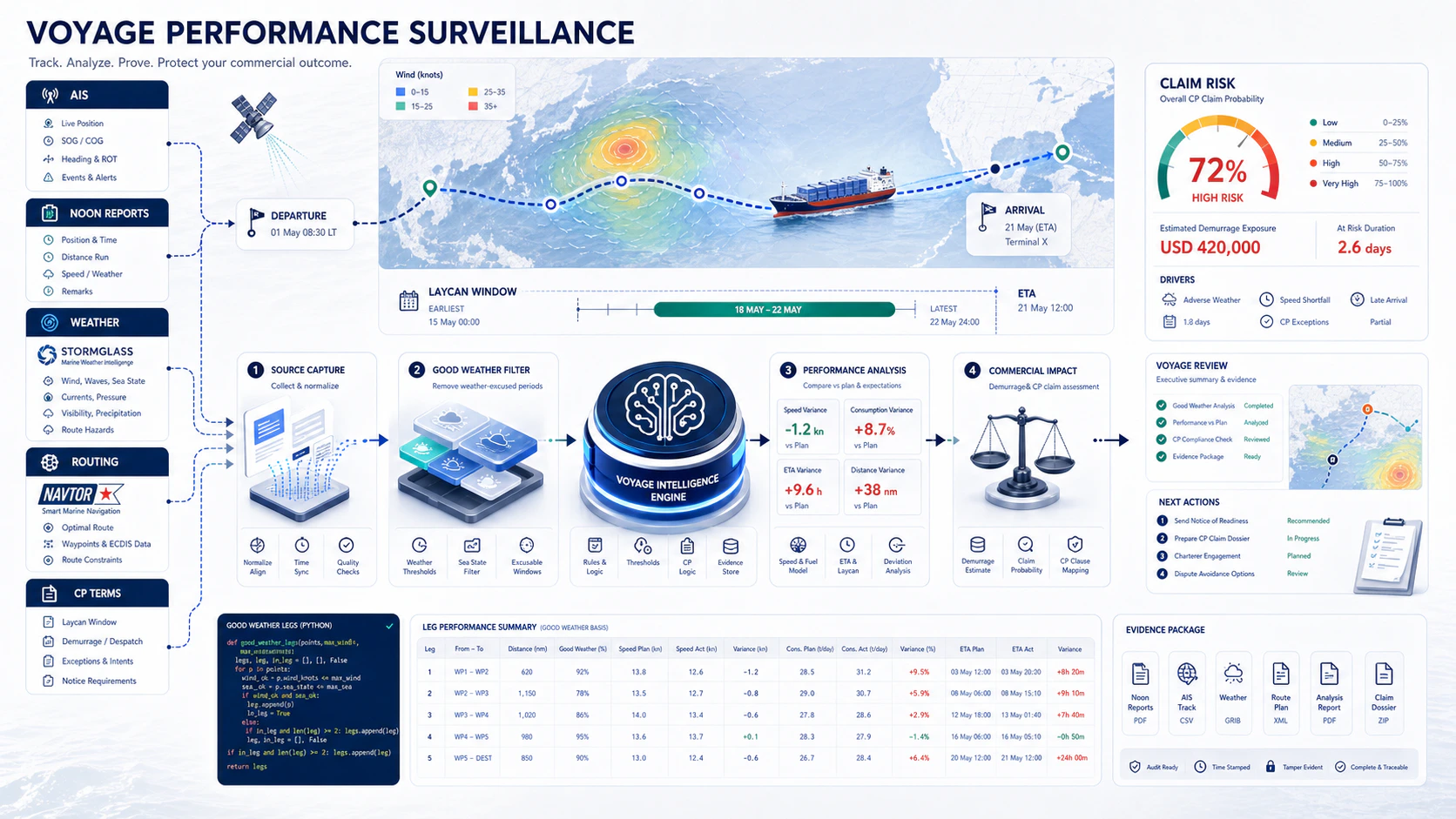 Voyage Performance Surveillance pipeline reading position, weather, and operational data into a CP-aware leg-by-leg performance view