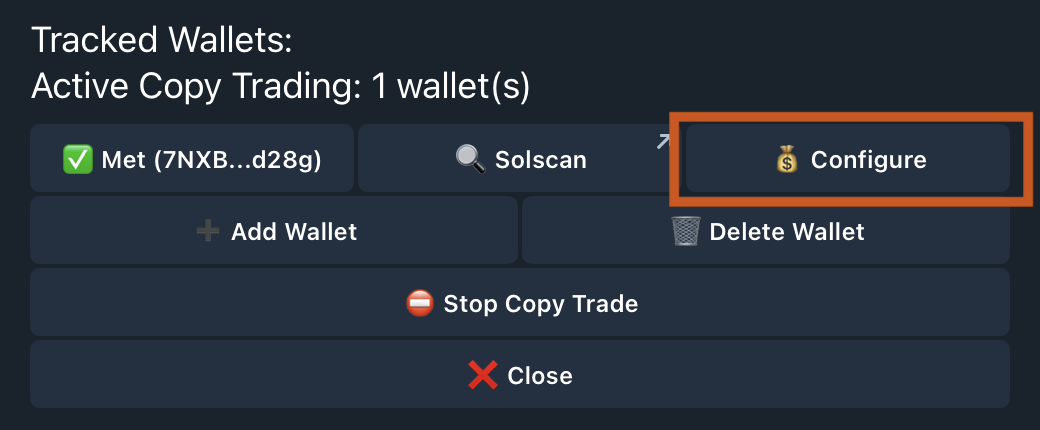 Configure button for wallet settings