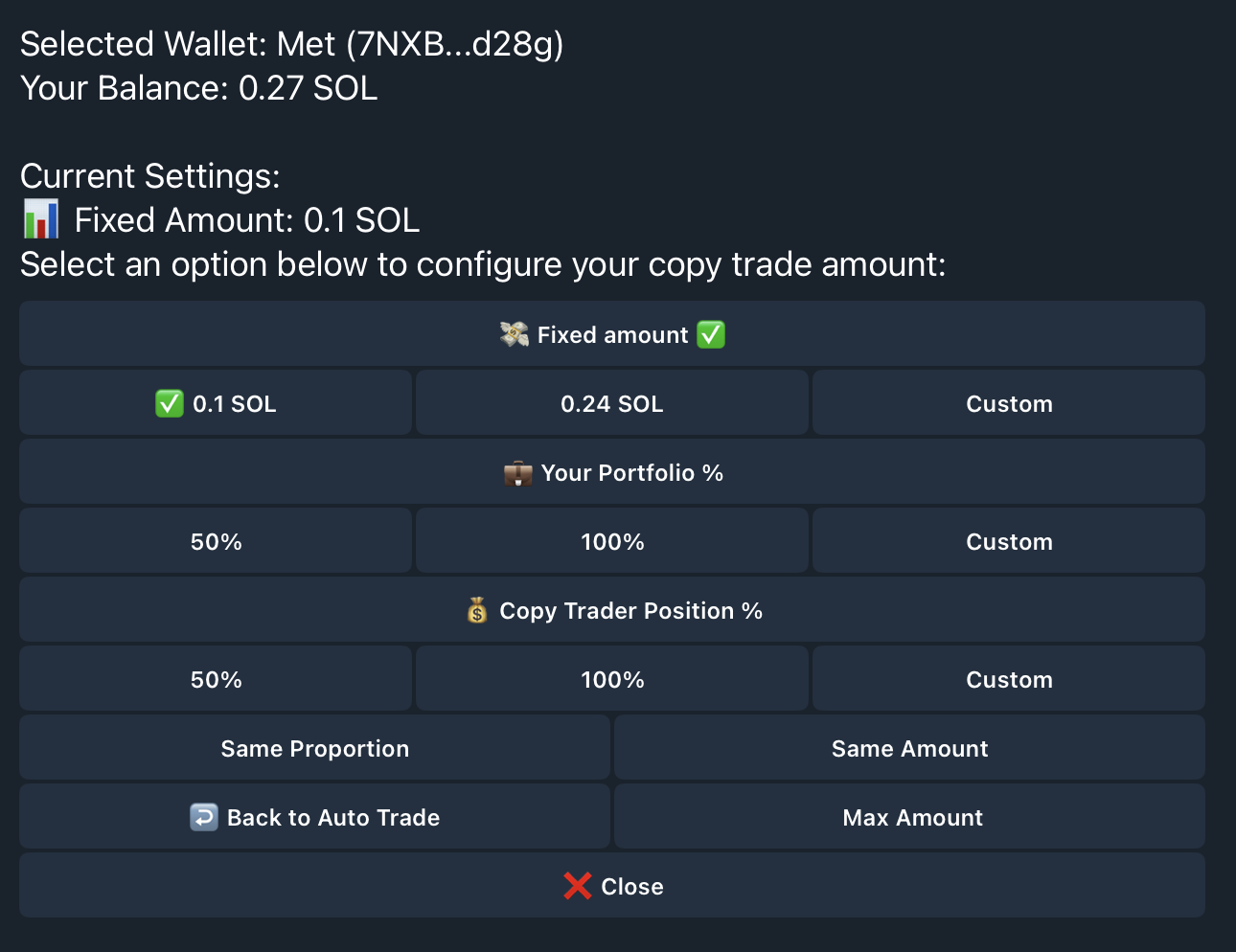 Copy trade sizing options