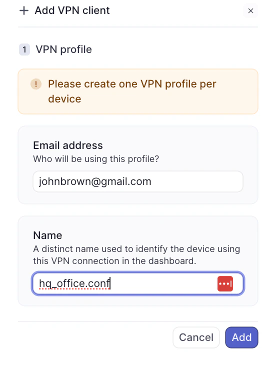 Add VPN client form
