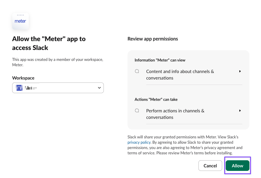 Authorize Meter app in Slack