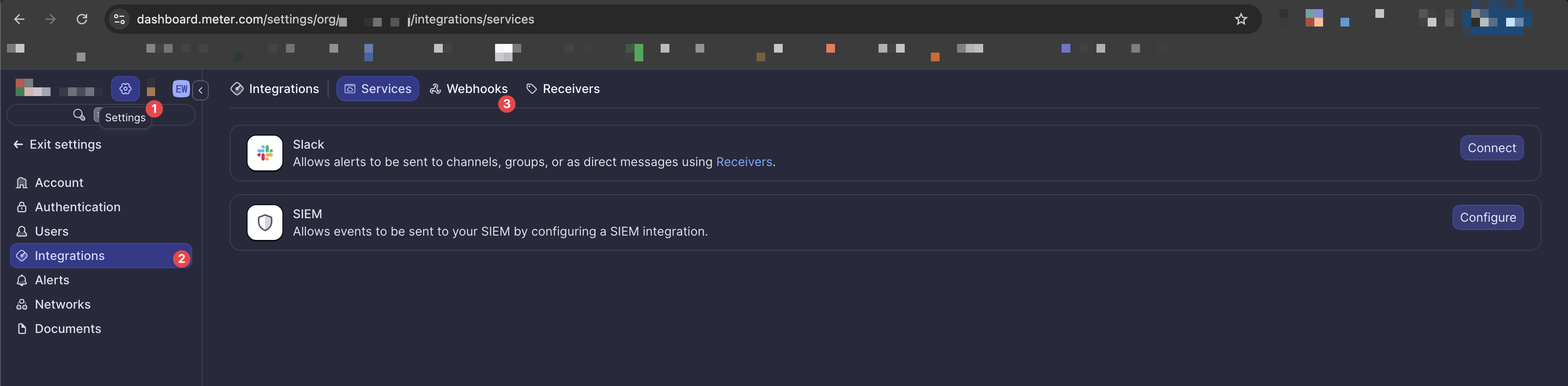 Dashboard integrations page showing the Webhooks tab