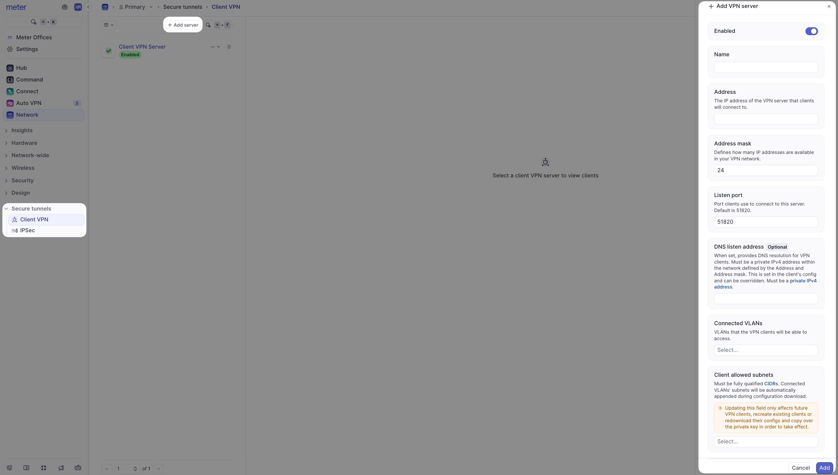 Client VPN server configuration interface