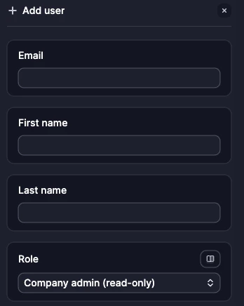 Add user dialog showing email, first name, last name fields and role dropdown with Company admin (read-only) selected