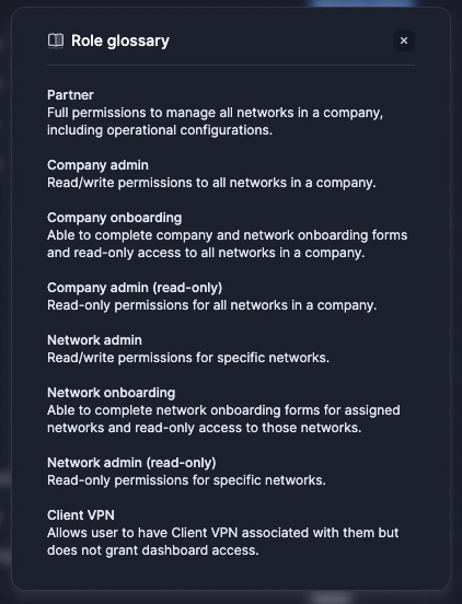 Role glossary showing different user roles and their permissions in the dashboard interface