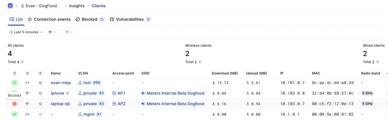 Blocked client status shown on clients page