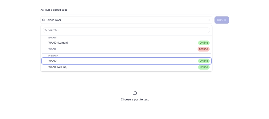 Speed test dropdown selection