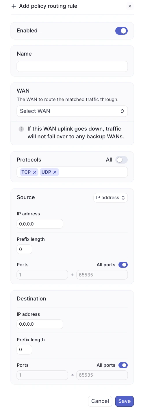 Policy routing configuration panel