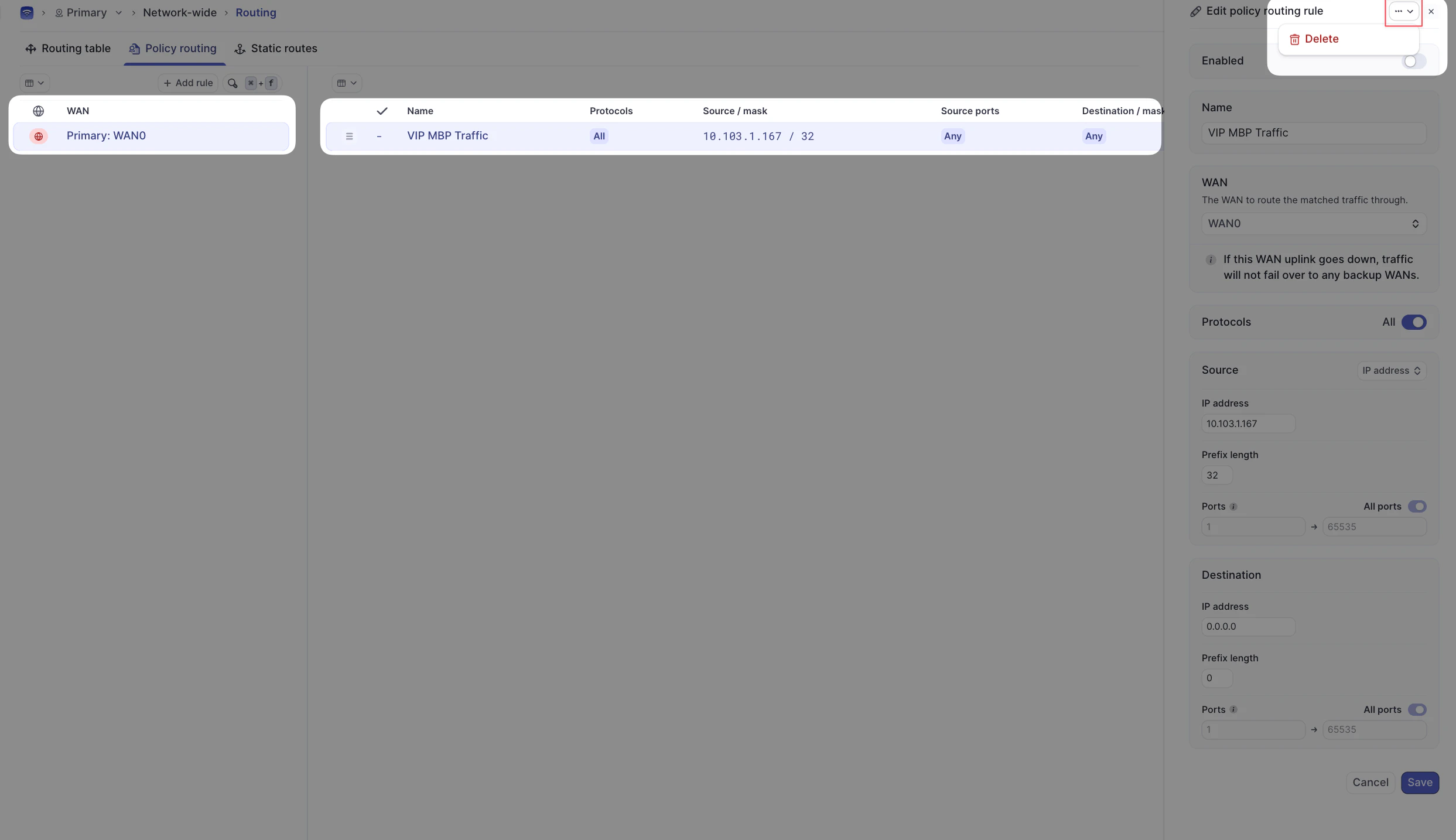 Policy routing rules list