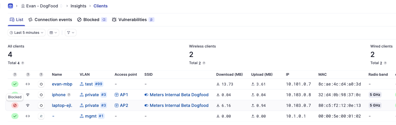 Blocked client status shown on clients page