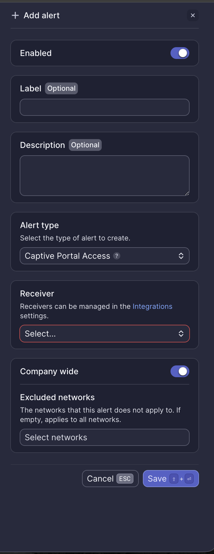 Captive Portal Access alert configuration