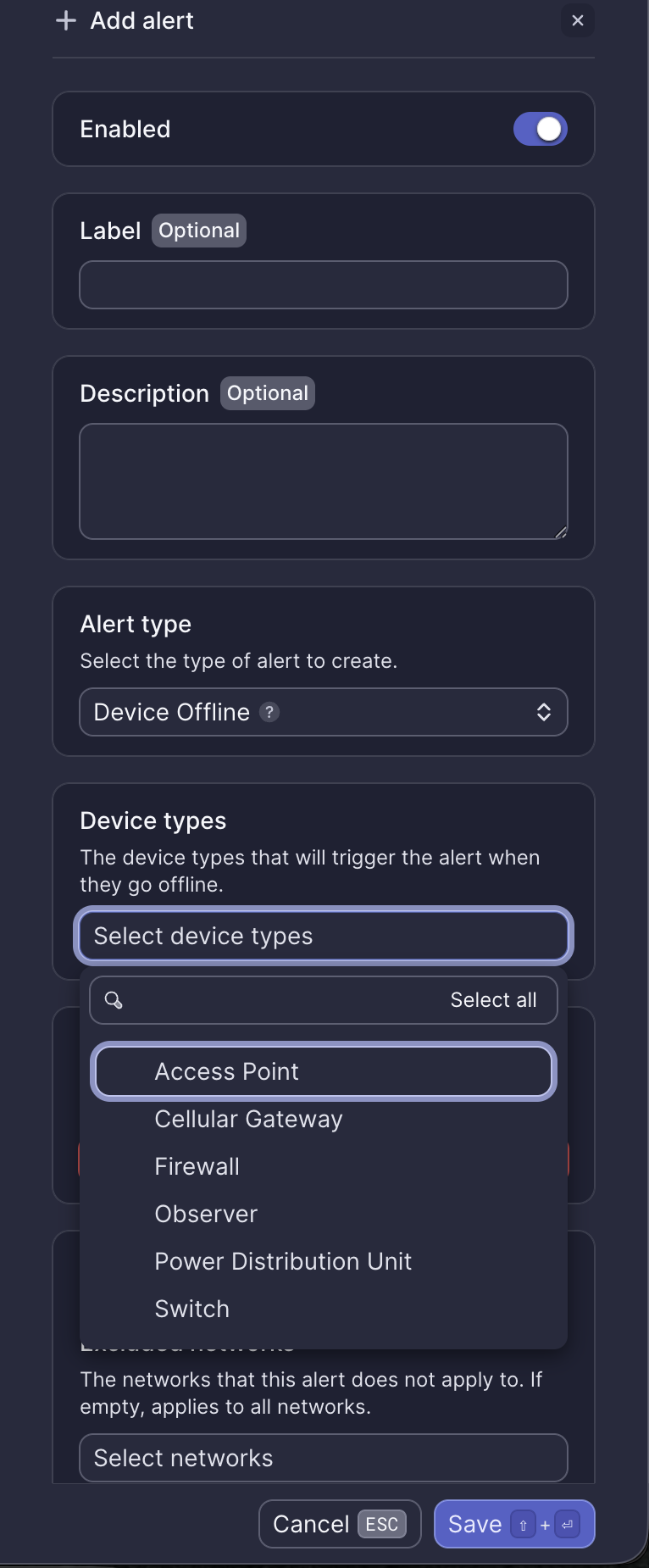 Device Offline alert configuration