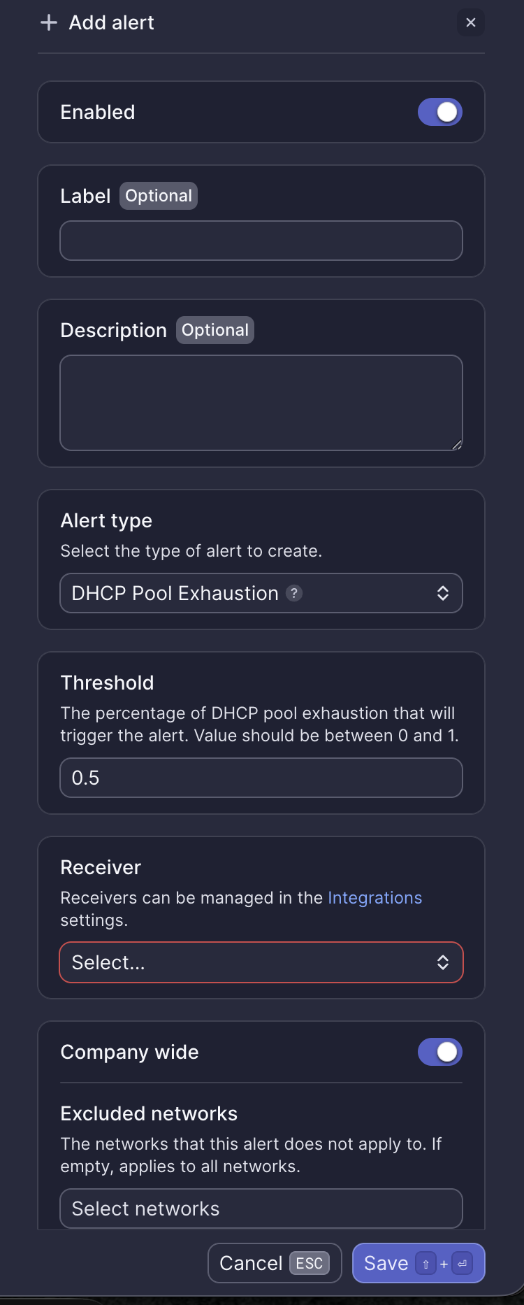 DHCP Pool Exhaustion alert configuration