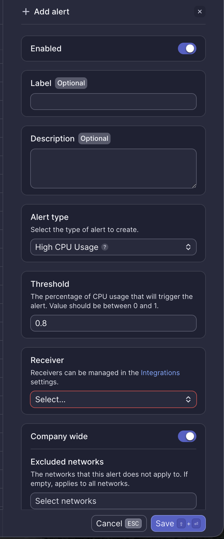 High CPU Usage alert configuration