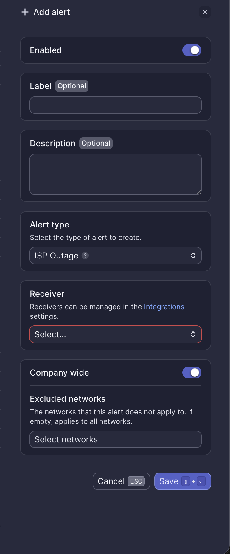 ISP Outage alert configuration