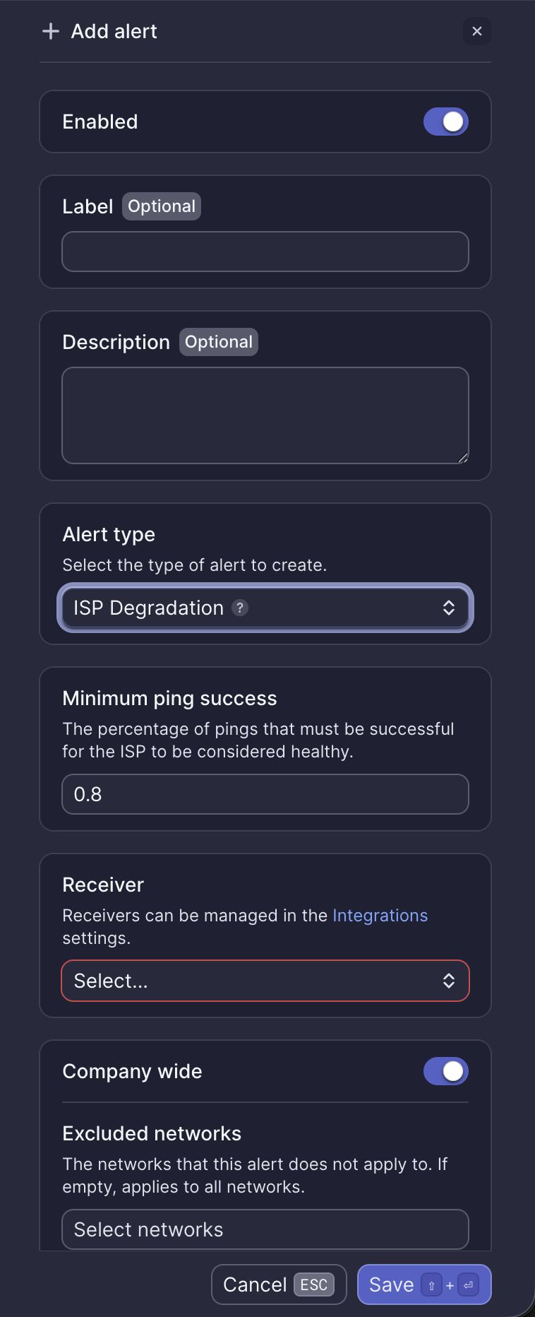 ISP Degradation alert configuration