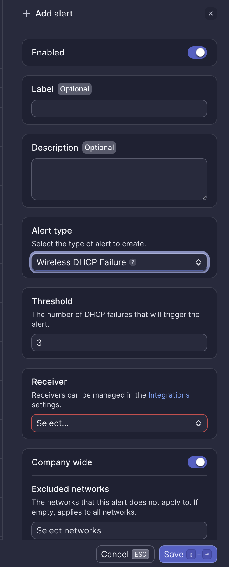Wireless DHCP Failure alert configuration