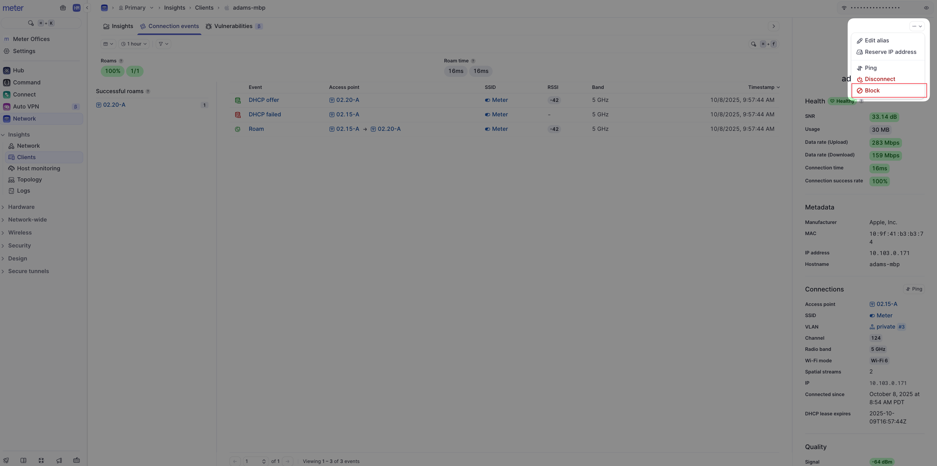 Block client dialog showing options to block single client or all clients with same MAC OUI