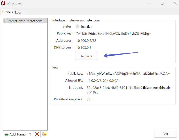 WireGuard Windows app active tunnel status