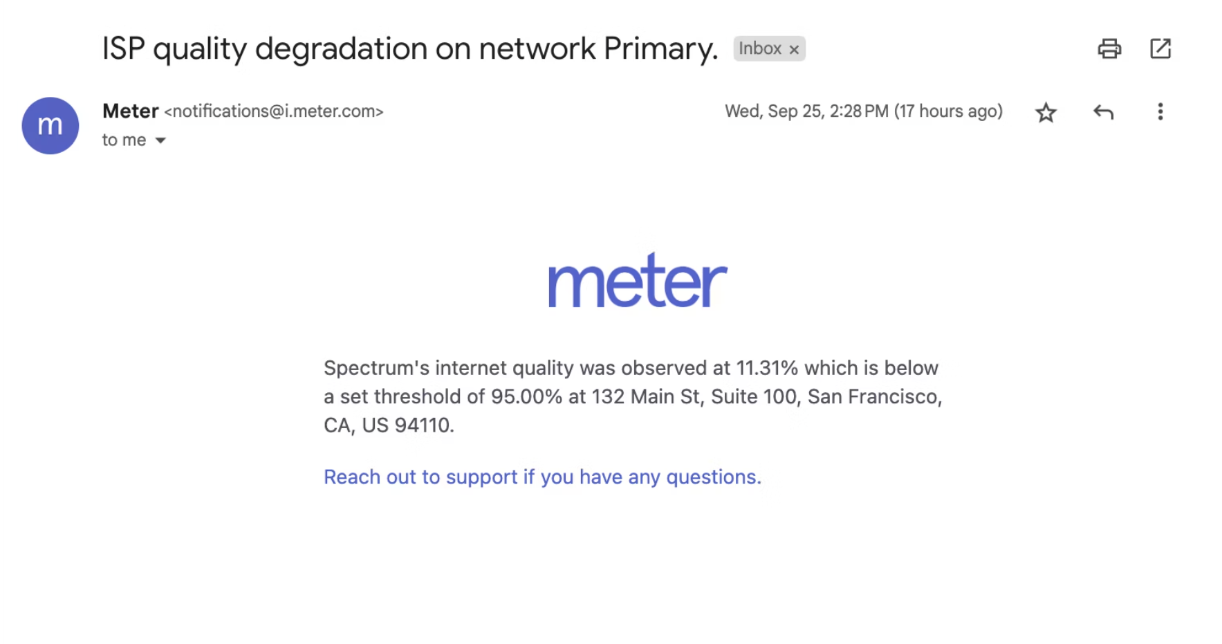 Example ISP Degradation alert email