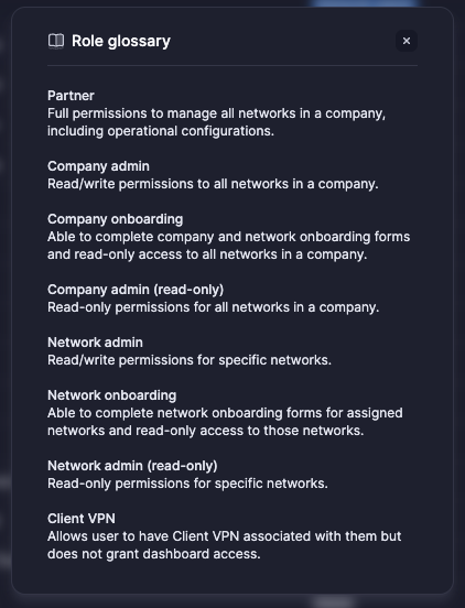 Role glossary showing different user roles and their permissions in the dashboard interface