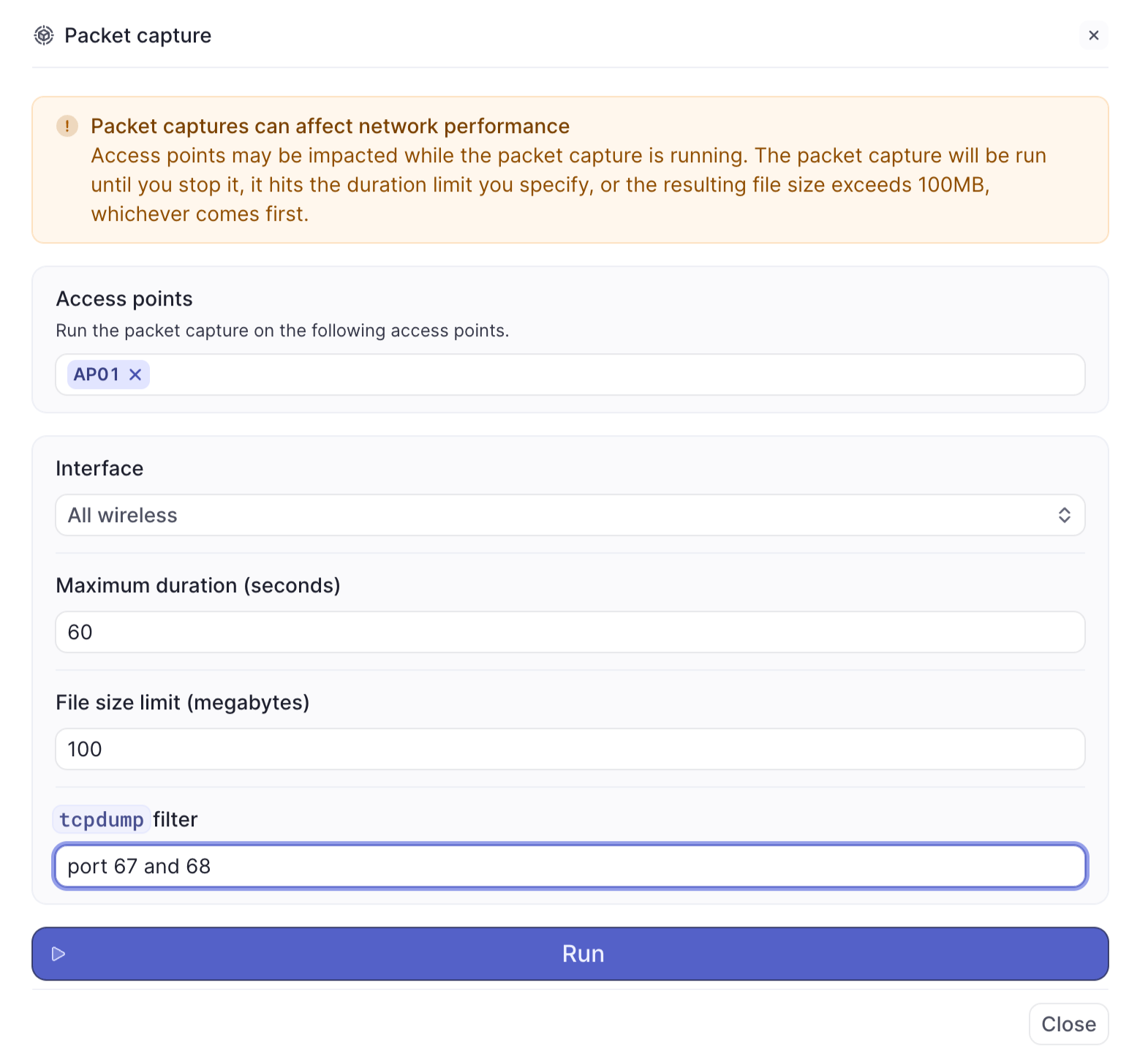 Packet capture configuration window