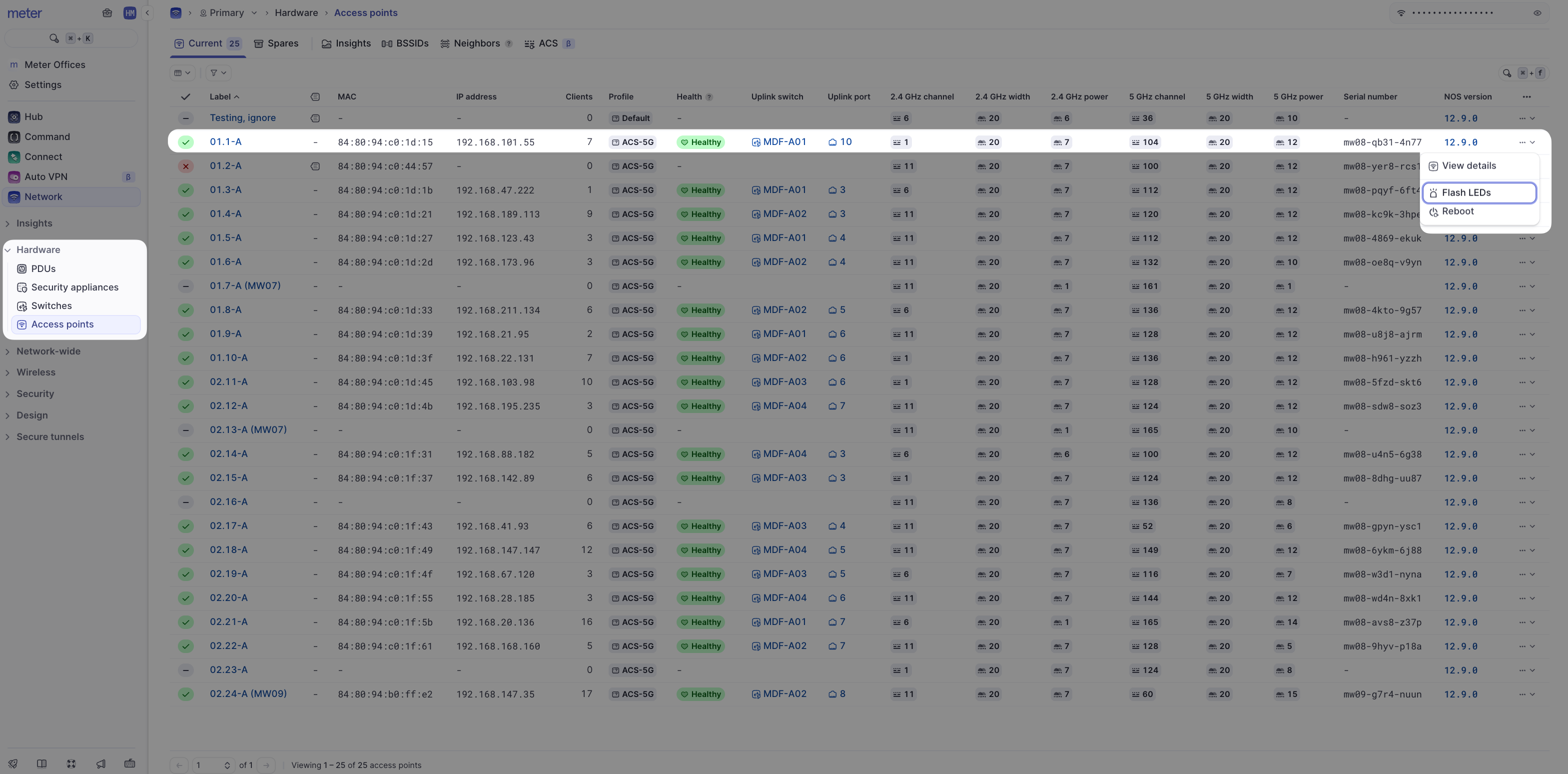Access point actions menu