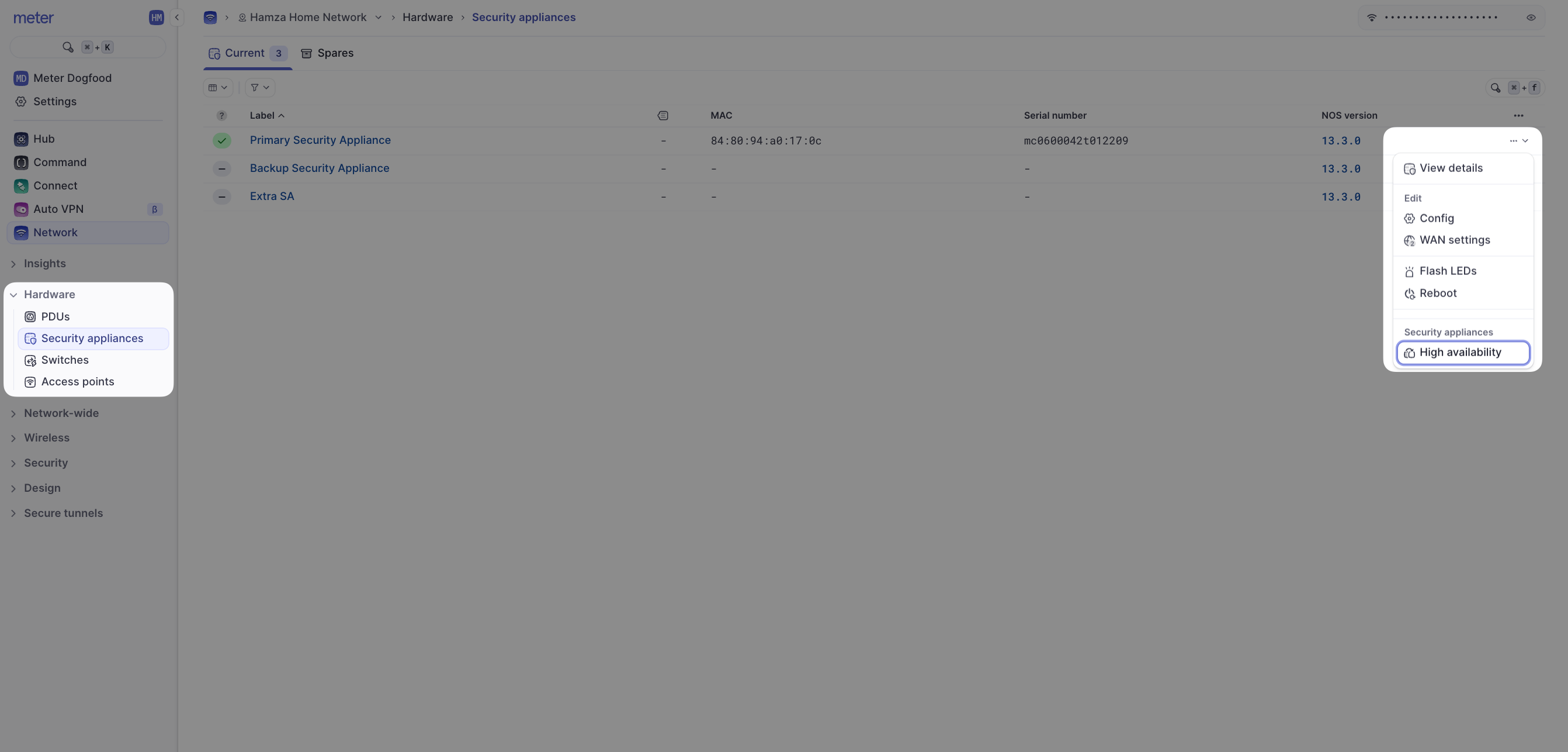 High availability actions menu