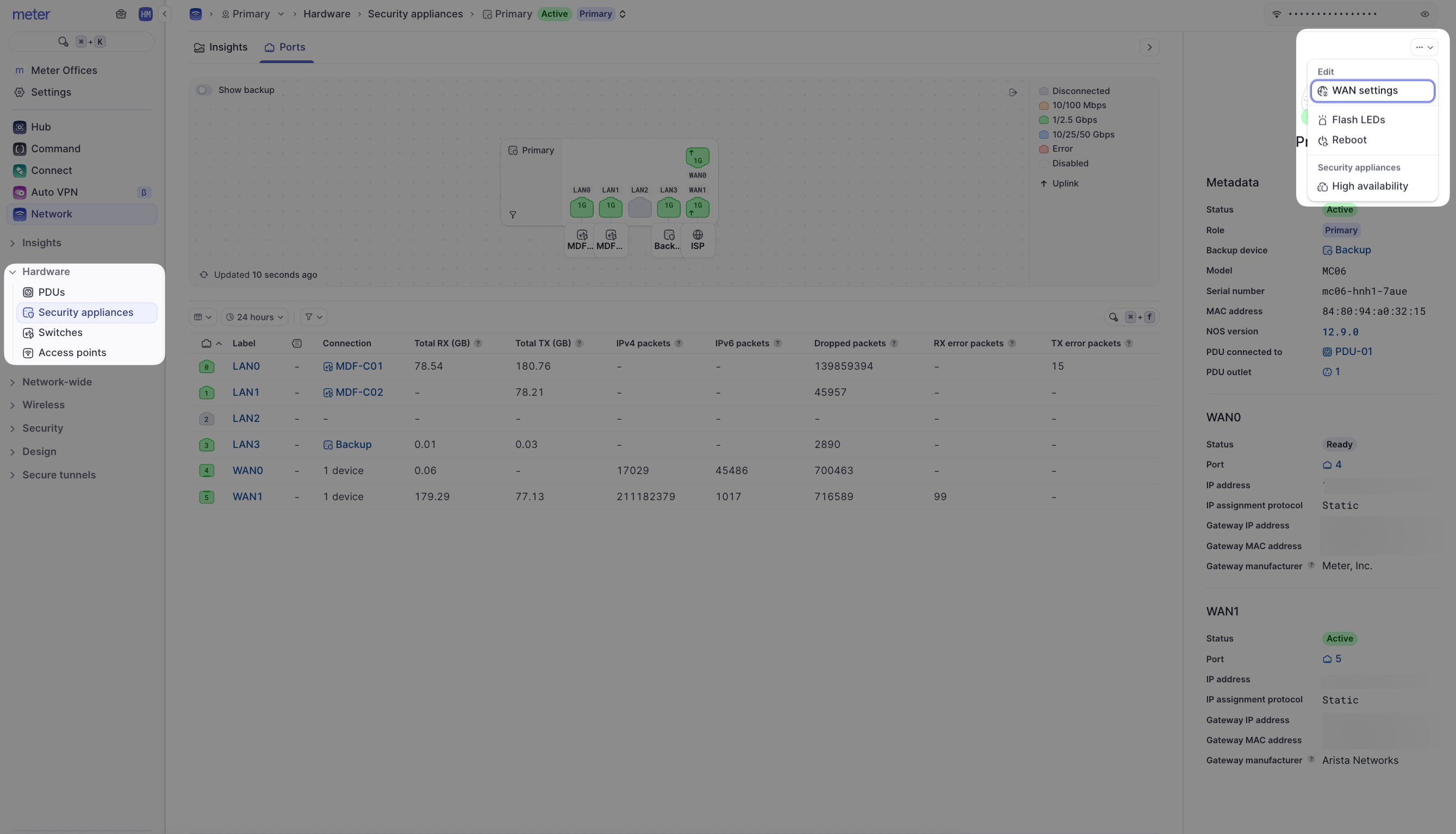 WAN settings action menu