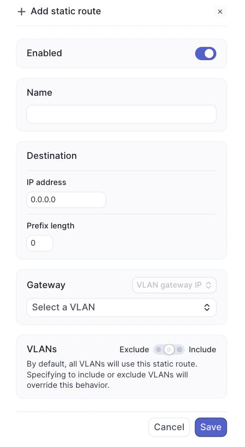 Static route configuration panel