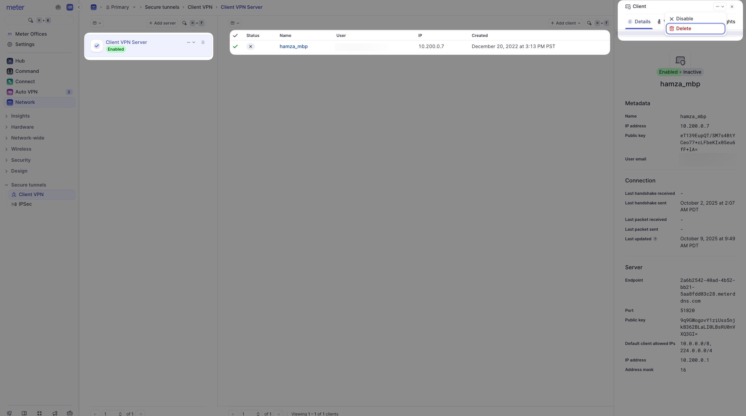 VPN client deletion interface
