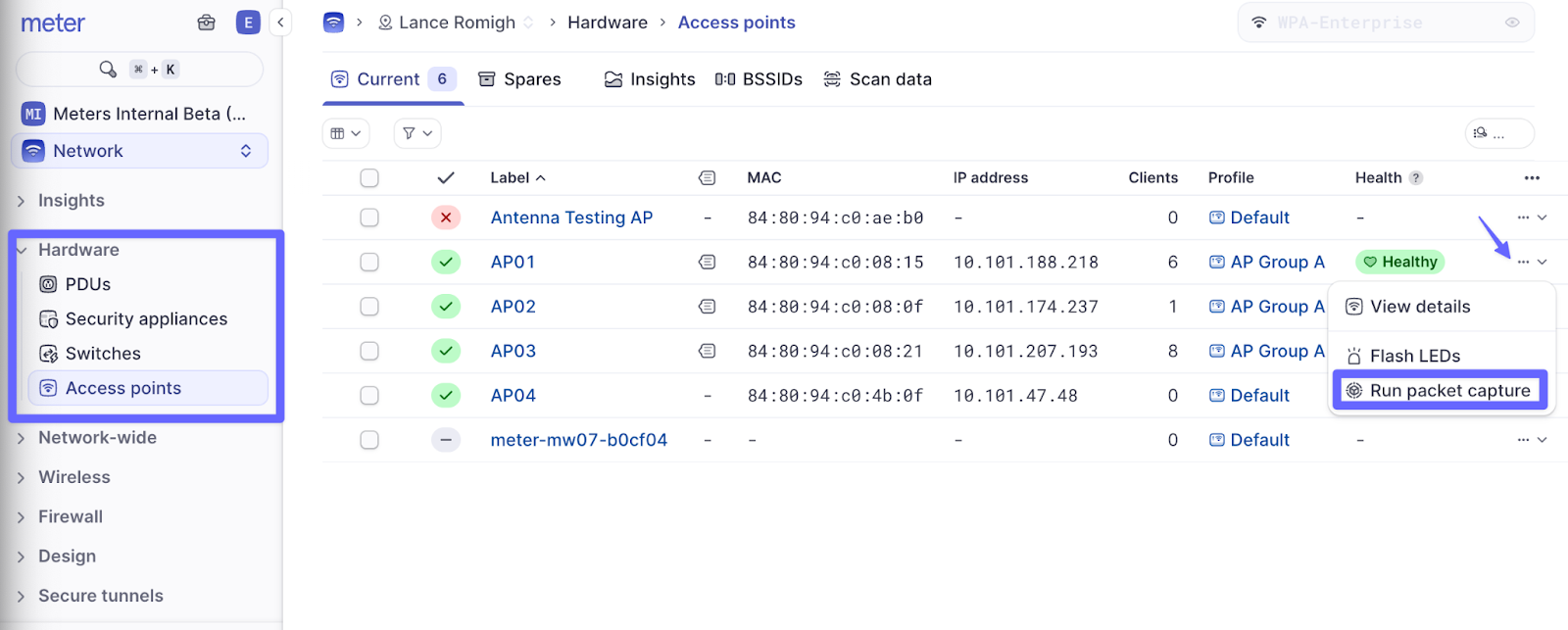 Access point packet capture menu
