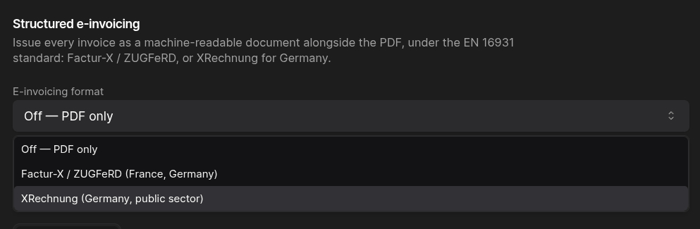 E-invoicing format settings in Meteroid: Factur-X / ZUGFeRD or XRechnung