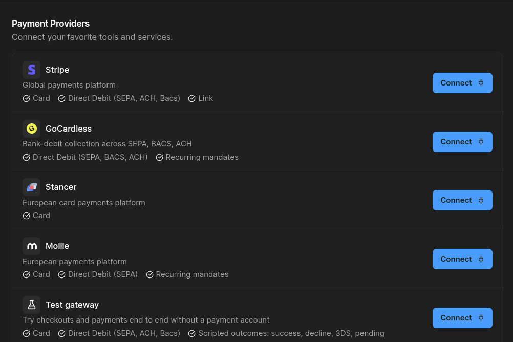 Payment providers in Meteroid, including Mollie and the Test gateway