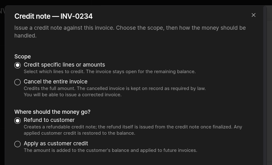 Issuing a refund credit note in Meteroid