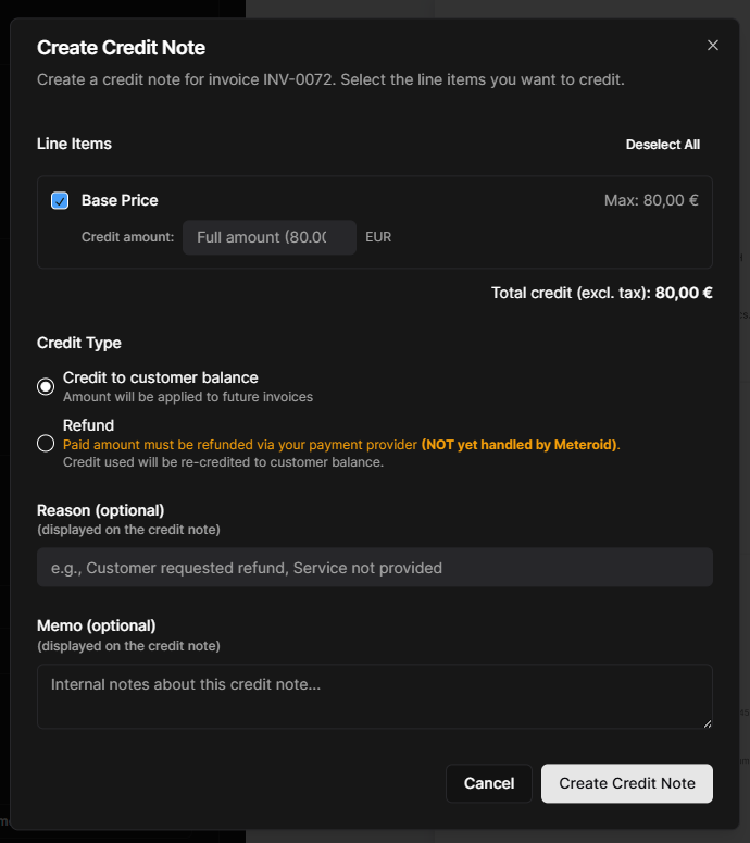 Credit Notes in Meteroid