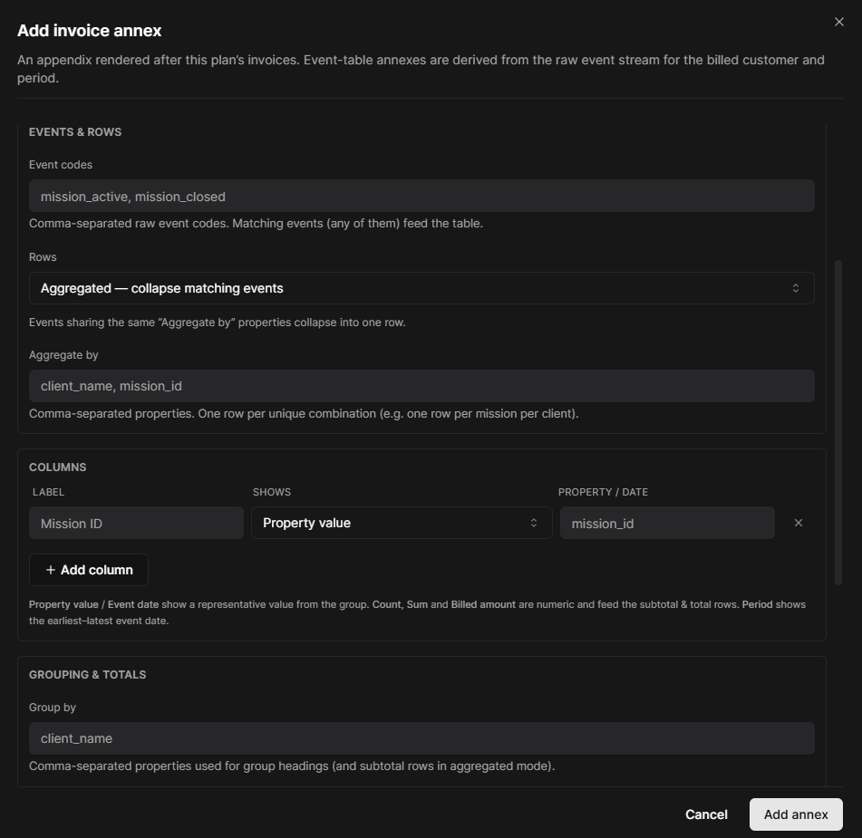 Invoice Appendices in Meteroid