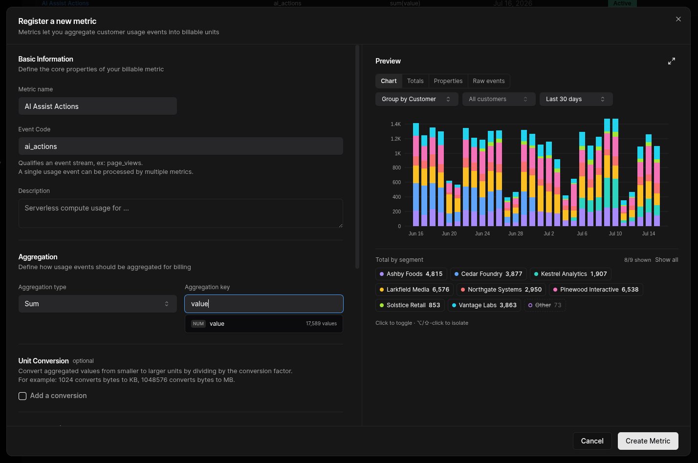Registering a billable metric with live usage preview in Meteroid