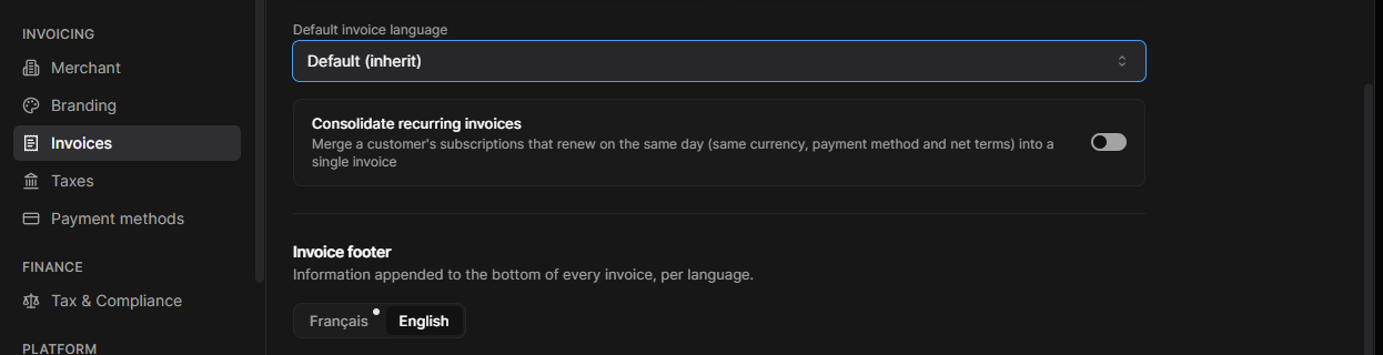 Multi-language invoicing settings in Meteroid