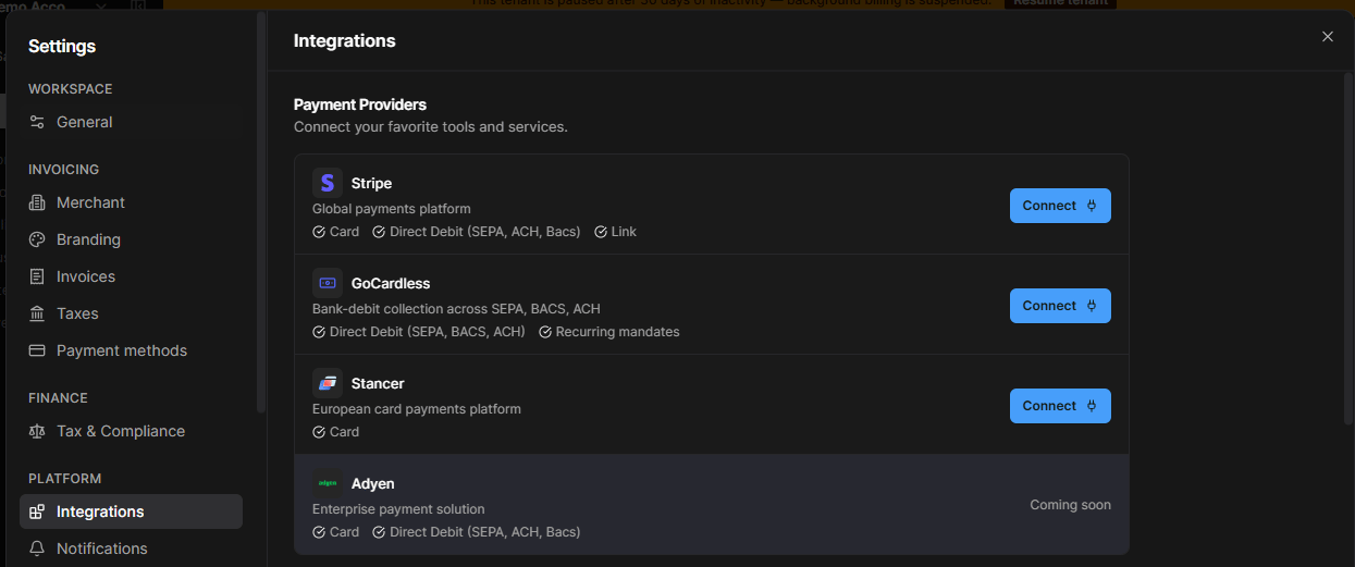 Payment provider integrations in Meteroid, including the new Stancer plugin