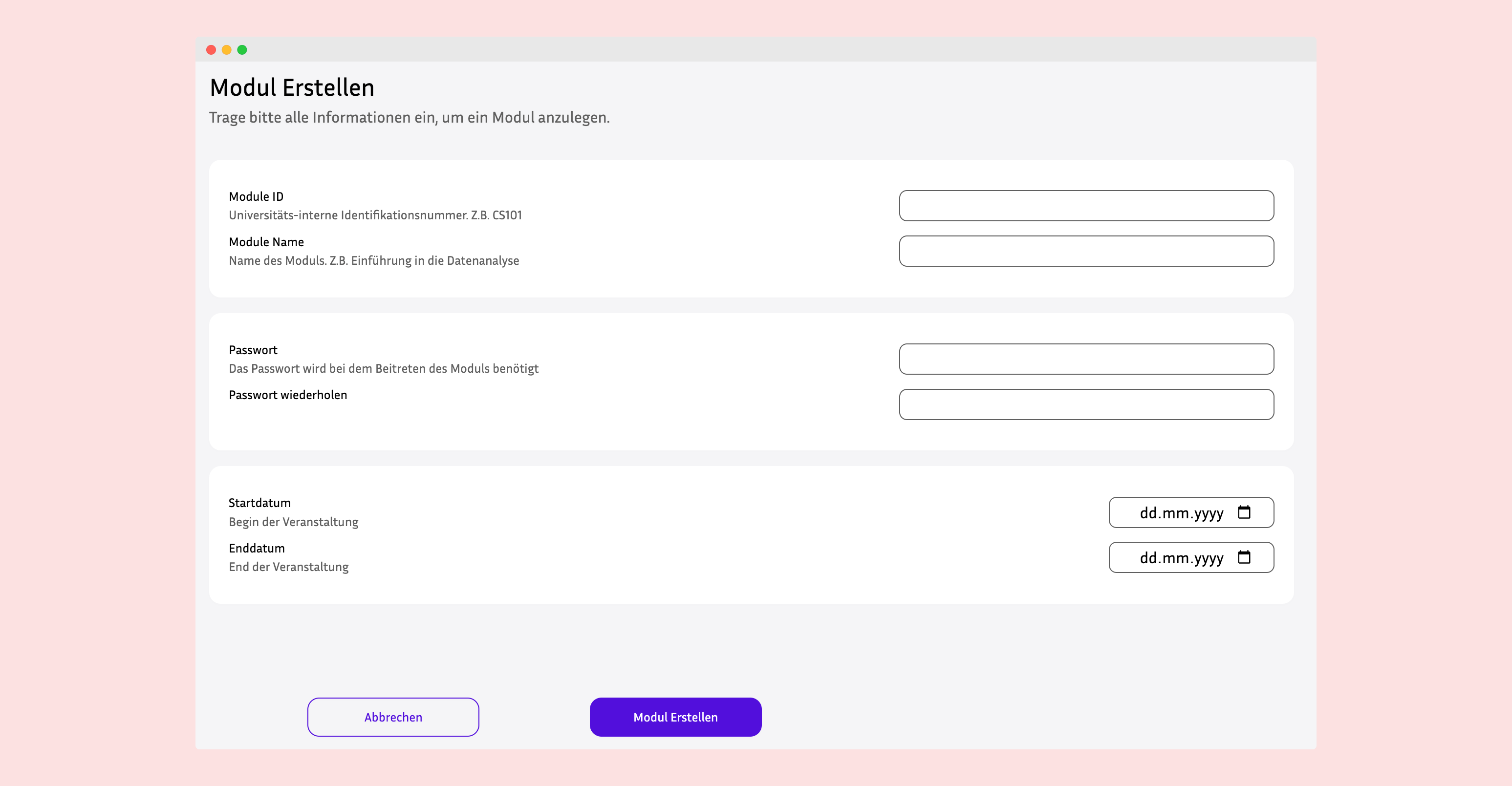 Lecturer create module form with scheduling options